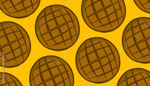 Waffle Seamless Pattern. Round Grid Biscuit. Hand Drawn Vector. Repeating Food Background. Packaging Textile Surface.