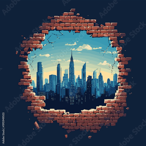 Futuristic city skyline viewed through broken brick wall symbol of urban decay hope innovation and new opportunities , vector style simple color