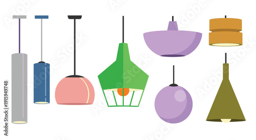 Colorful collection of modern pendant lights in a flat vector style