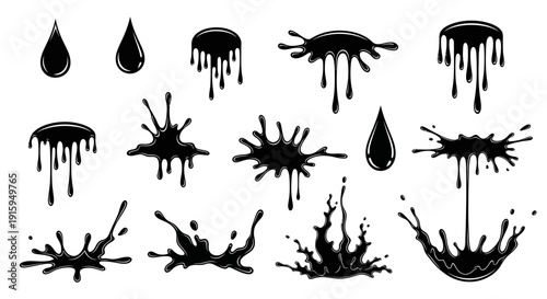 Black Ink Splatter and Drops Collection: Abstract Liquid Art for Design
