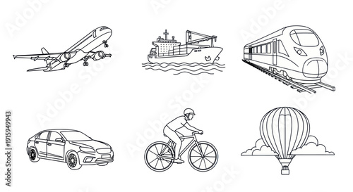 Black and white line art illustrations of various transportation modes including airplane, ship, train, car, bicycle, and hot air balloon for travel and transport design