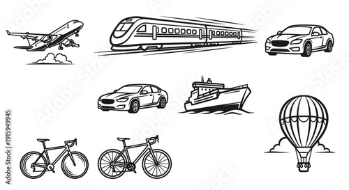 Black and white line art set of various transportation modes including airplane, train, car, ship, bicycles and hot air balloon for travel and transport designs