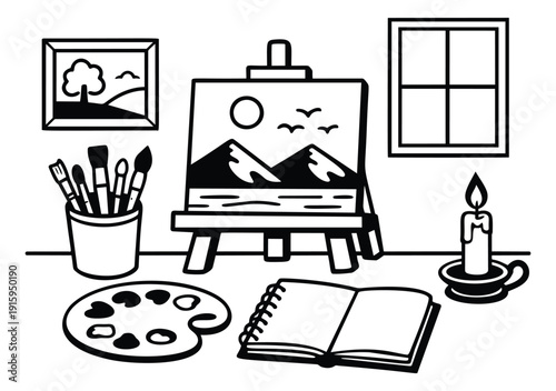 Hand drawn line art artist supplies set featuring an easel with a painting, paint brushes, and palette for creative projects