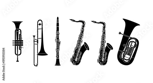 Silhouette Collection of Musical Instruments: Brass and Woodwind Instruments