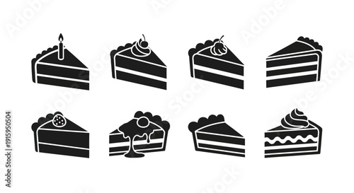 Set of eight black cake slice icons with different toppings and decorations