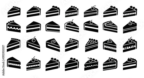 Collection of Black Cake Slices Icons: Dessert, Celebration, Sweet Treat Variety