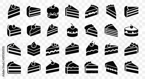 Collection of Black Cake Slices Icons: Desserts, Sweet Treats, and Pastry Variety