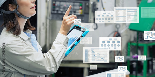 Foto DX、タブレット、工場、産業、製造業、システム、エンジニア、オペレーター、テクノロジー、ERP、PC、デジタルトランスフォーメーション、データ、工業、プラント、