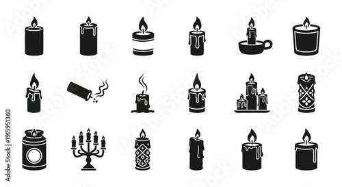 Candle Icons Set: Diverse Styles of Flames, Holders, and Wax Designs