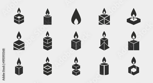 Candle Icons Set: Geometric Shapes, Flames, and Light Symbols