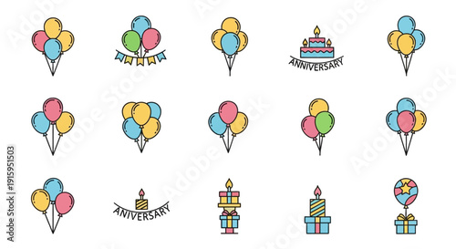 Celebration Icons: Balloons, Cakes, and Bunting for Parties and Anniversaries