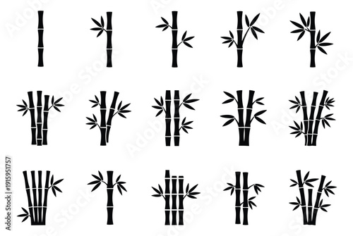Minimalist graphic bamboo icon set featuring various stalks and leaves for nature and oriental design