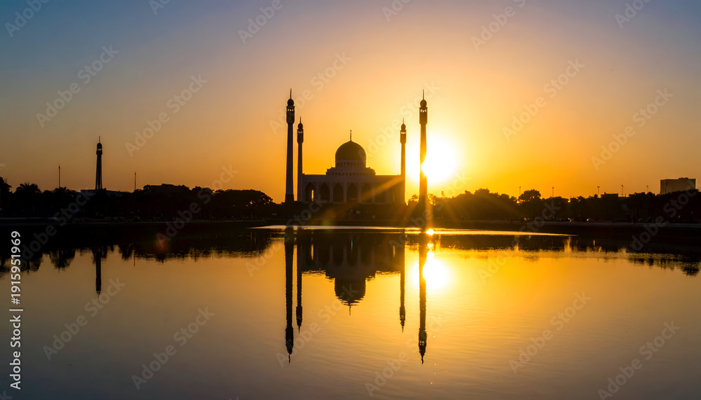 Fototapeta premium Serene Taj Mahal at sunrise with perfect reflection in water.