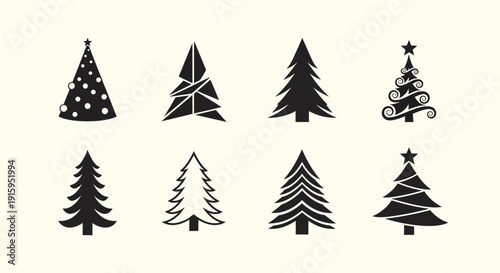 Set of Diverse Christmas Tree Silhouettes, Festive Vector Icons for Holiday Design