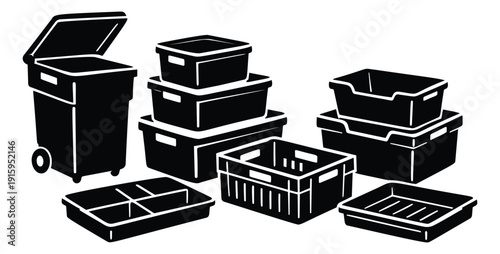 Black silhouette storage containers set featuring a trash can, stackable boxes, bins and crates for household organization