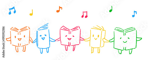笑顔の本のキャラクターたちの手つなぎイラスト（線画）