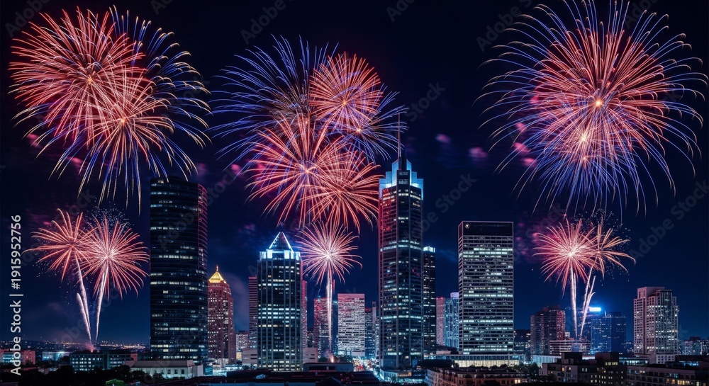 Obraz premium Fireworks Exploding Over City Skyline at Night Celebratory Atmosphere