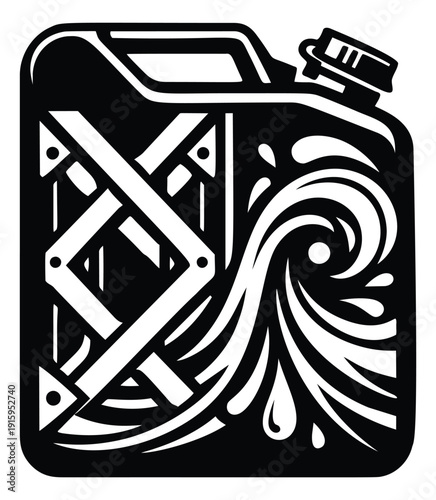 Bold line art illustration of a fuel container depicting fluid swirls and geometric details for power and transport