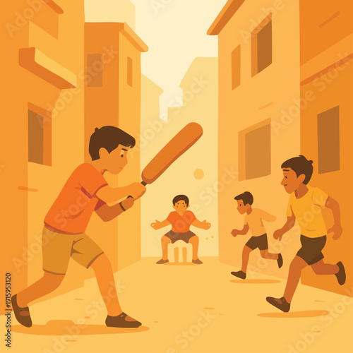 children playing street cricket in a narrow neighborhood alleyway
