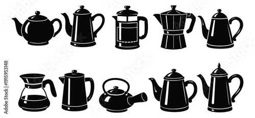 Flat silhouette kitchenware icon set featuring various coffee makers and teapots for hot beverage preparation