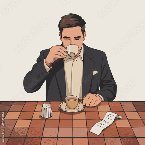 businessman in a suit drinking coffee at a cafe
