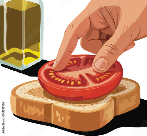 hand placing a fresh tomato slice on a piece of bread
