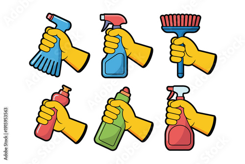 Cleaning tools icon set with colorful hand holding brushes and spray bottles