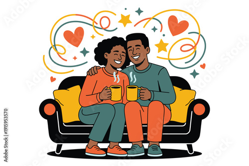Couple sitting on a couch with coffee cups and hearts around them