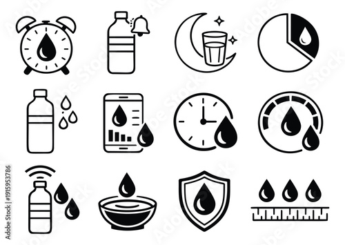 Line art water intake icon set featuring alarm clocks, smartphone apps, and measuring elements for daily hydration and health