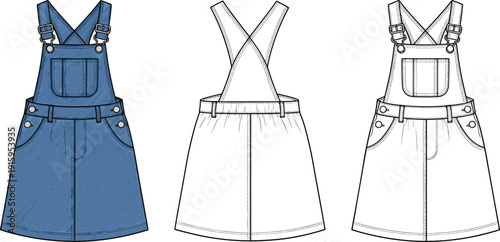 Denim Overall Skirt Technical Sketch, Pinafore Dress Fashion Flat Vector Illustration