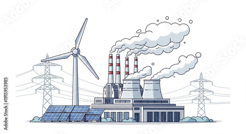Modern Energy Production with Wind Turbine Solar Panels and Factory.