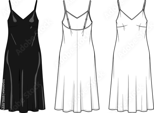 Silk Slip Dress Technical Sketch, Women's Camisole Nightgown Flat Vector Illustration