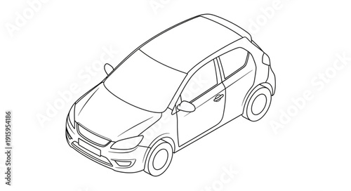 Modern Hatchback Car Outline Drawing Isolated on White.