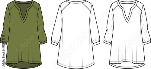 Women V-Neck Tunic Blouse Technical Sketch, Flat Vector Illustration Fashion Mockup