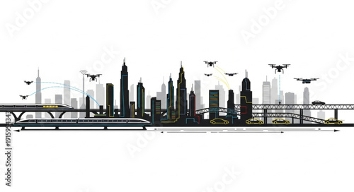 Modern City Skyline with Futuristic Transportation and Drones.