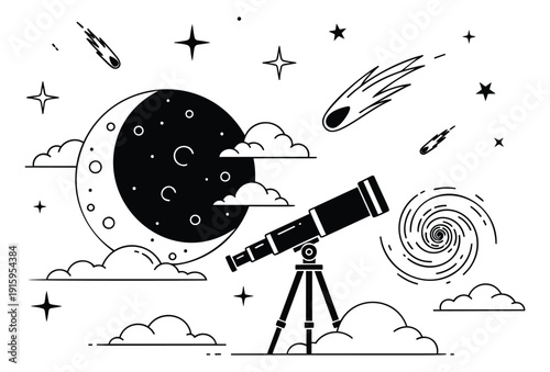 Modern line art space elements set featuring a crescent moon, telescope, stars, comets, and a galaxy for space exploration and discovery