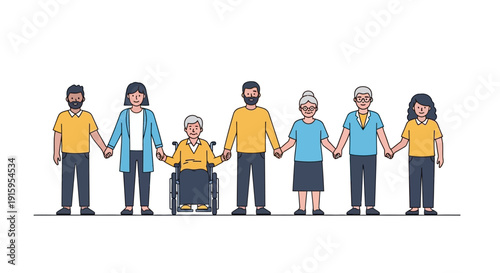 Illustration of diverse people holding hands in a line, promoting unity and social justice on World Day of Social Justice with a focus on equality and access to social welfare.