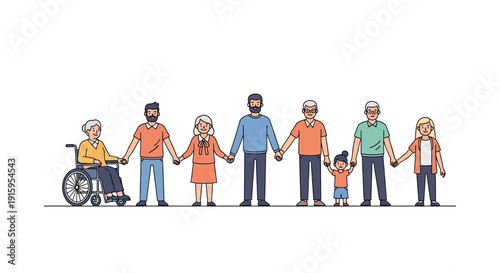 Illustration of diverse people of different ages and abilities holding hands in a line on World Day of Social Justice, promoting gender equality and access to social welfare.