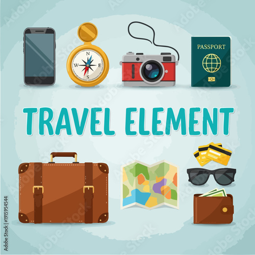 Collection of travel essentials and accessories for vacation.