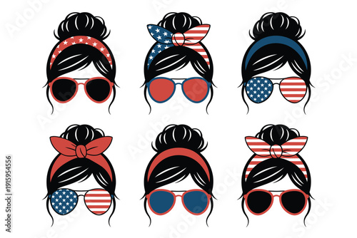 American flag vector illustrations of women with sunglasses and hair buns