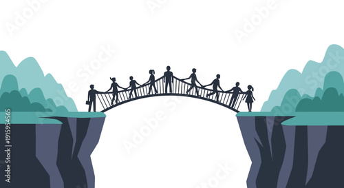 Illustration of people holding hands on a bridge over a canyon, symbolizing social justice and unity on World Day of Social Justice with a tree in the background, conveying access to social