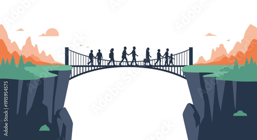 Illustration of diverse people shaking hands on a bridge between cliffs, symbolizing social justice and unity on World Day of Social Justice with a tree and building in the background for