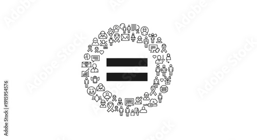 Illustration of diverse people forming a circle around an equality symbol on World Day of Social Justice, promoting gender equality and access to social welfare with a black and white