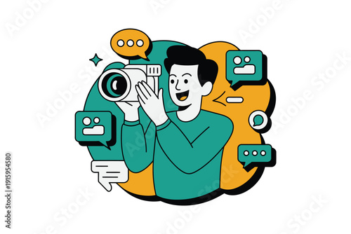 Camera vector illustration of a man taking a photo with social media icons