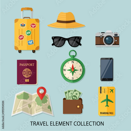 Travel Elements Collection Featuring Suitcase Camera Passport and Map.