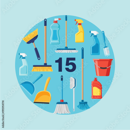 Collection of cleaning supplies and tools arranged in a circle.