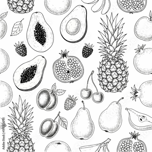 Assorted Fresh Fruit Collection Hand Drawn Sketch Style.