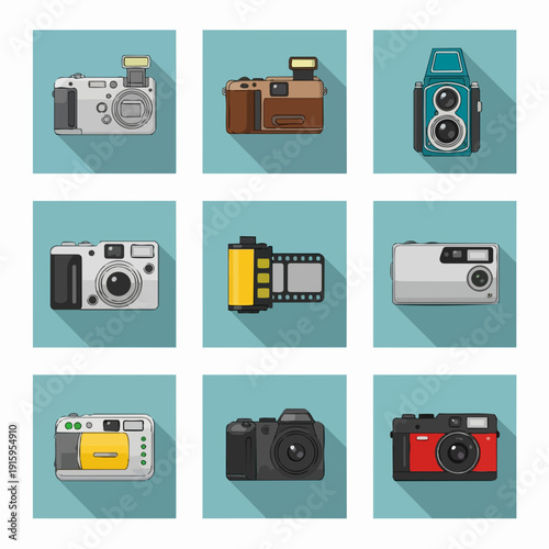 Collection of vintage and modern cameras and film rolls.