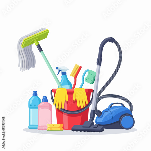 Cleaning supplies and equipment for household chores.