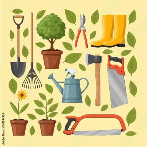 Gardening tools and plants illustration for garden work.